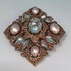 VTG. Sara Coventry Gold Tone "Remembrance" with Faux Pearls and Turquoise Brooch